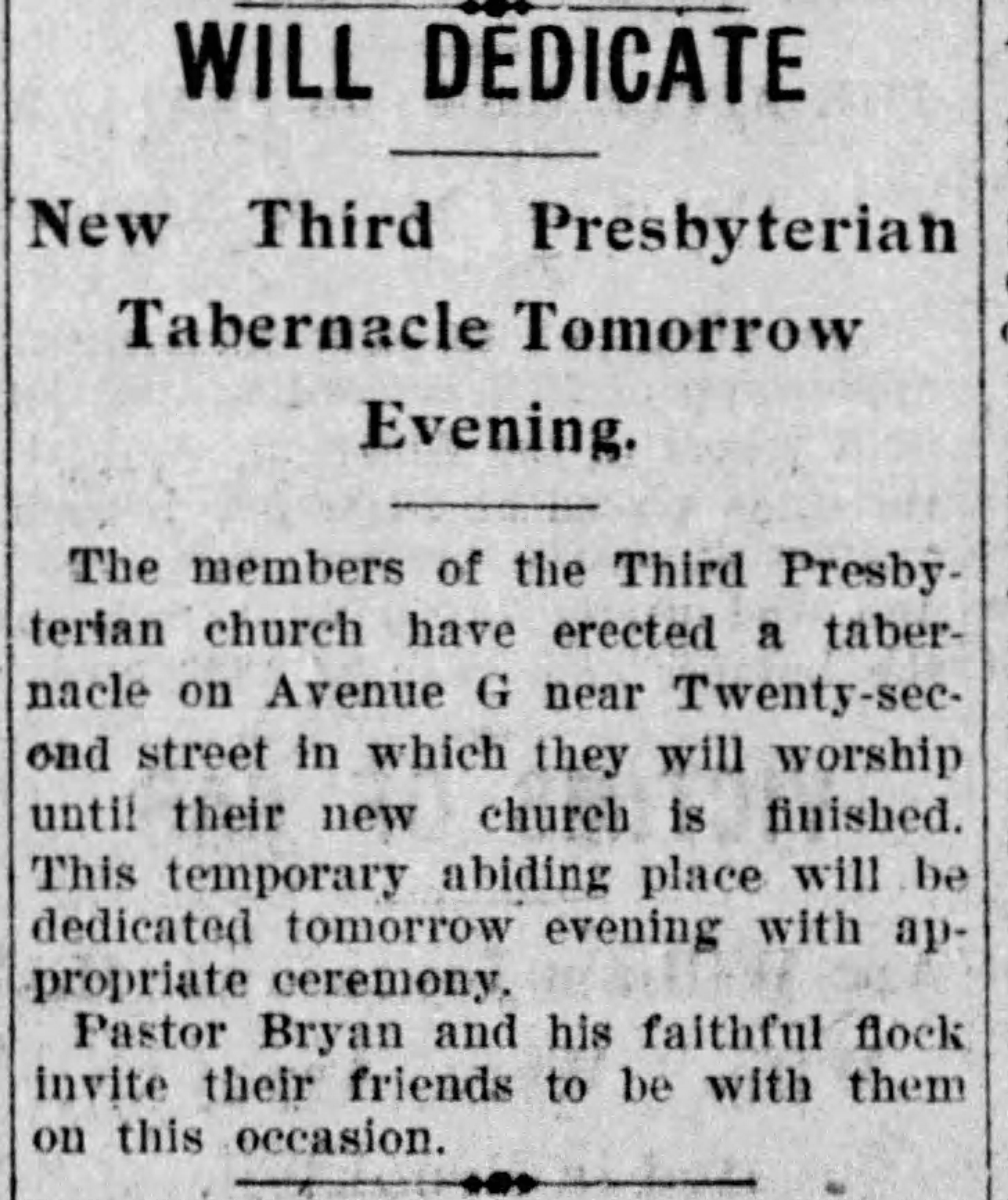 Will Dedicate New Third Presbyterian Tabernacle Tomorrow Evening